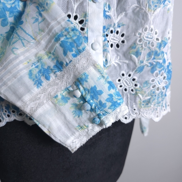 LoveShackFancy Mauro Blouse Button Down Floral Print Magic Turquoise S - Picture 5 of 13